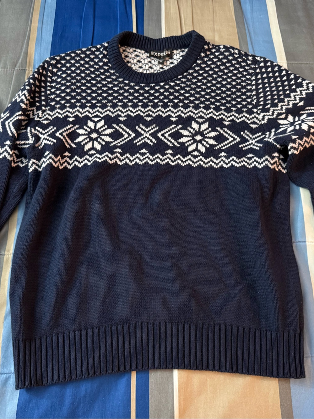 Express Men's Navy Fair Isle Crewneck Sweater (M)